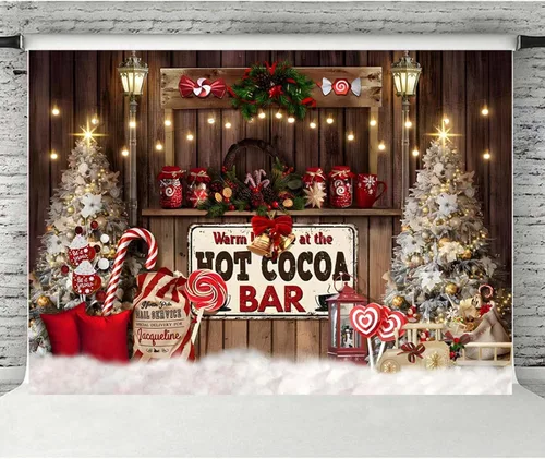 Vista 3 de Telón de fondo de cacao caliente de Navidad para fotografía – Fondo de decoración de cetro y árbol de tienda de golosinas – Decoración de fiesta