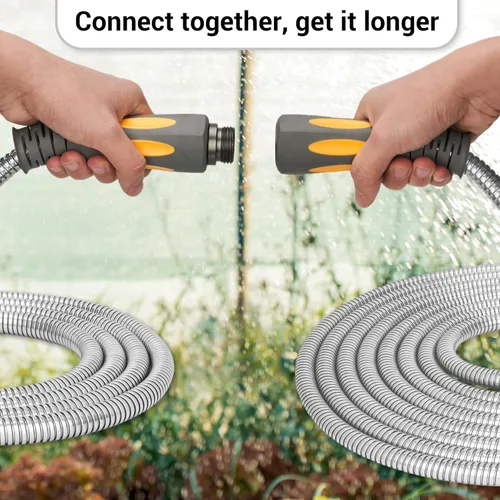 Vista 6 de TheFitLife Manguera de jardín de metal flexible, manguera de agua ligera de acero inoxidable de 25 pies con accesorios sólidos y boquilla rociadora