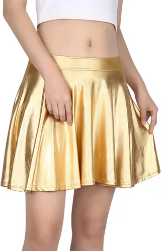 Vista 14 de HDE Falda acampanada plisada para mujer, estilo casual, metálica, acampanada, para patinadora Negro