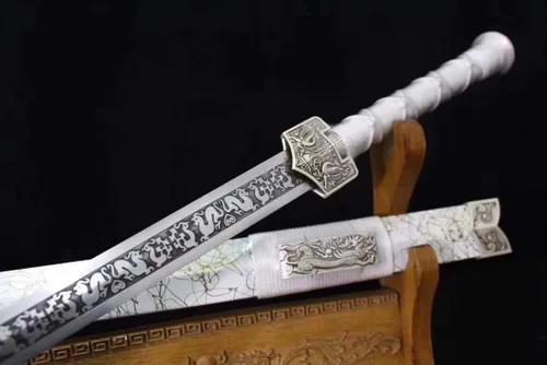 Vista 6 de Espada china, Han jian (hoja de acero al carbono medio, aleación, vaina blanca) longitud 41 pulgadas