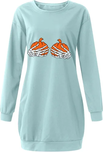 Vista 4 de Vestido de Halloween para mujer 2022, casual, color liso, manga larga, cuello redondo, bolsillo