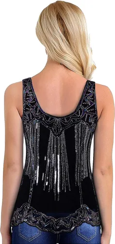 Vista 4 de Vijiv Camiseta sin mangas con cuentas vintage de los años 20 para mujer, estilo art déco, adornado con lentejuelas brillantes
