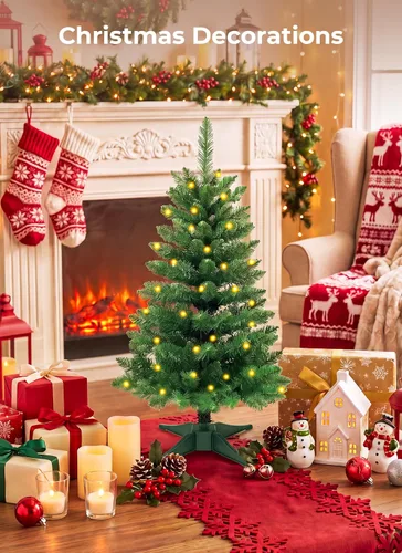 Vista 2 de Árbol de Navidad artificial pequeño de 3 pies, mini árbol de mesa Pequeño árbol de Navidad con luces, funciona con pilas, base estable, decoración