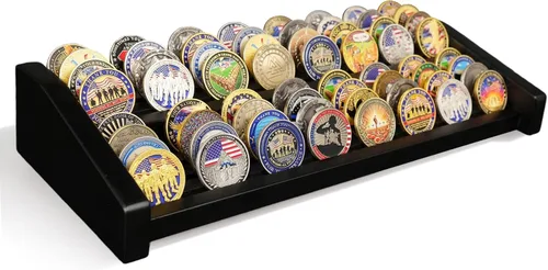 Vista 12 de Challenge - Soporte de exhibición de monedas, 12 filas de madera maciza, soporte militar para monedas con capacidad para 80-100 monedas, estante