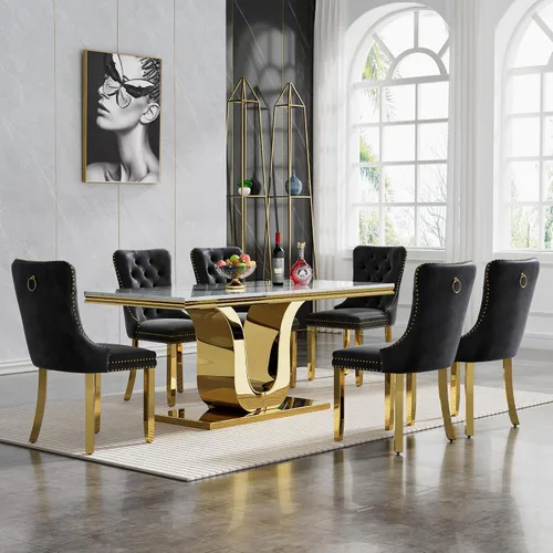 Vista 76 de Juego de 4 mesas de comedor blancas y doradas, mesa de cocina rectangular de 68 pulgadas con parte superior de mármol sintético blanco, mesa de Mesa