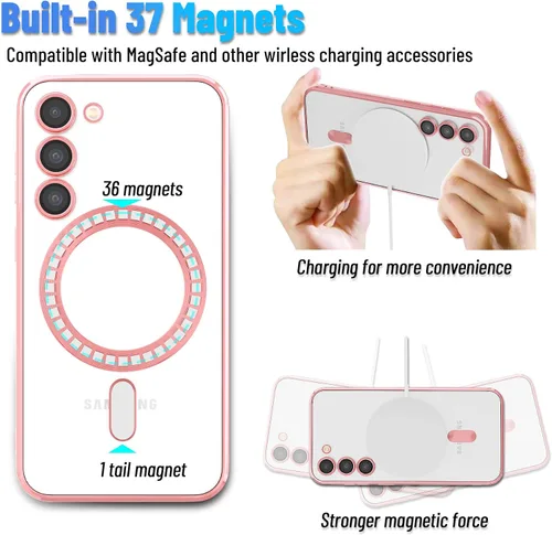 Vista 4 de Funda magnética para Samsung Galaxy S23, borde galvanizado, parte trasera transparente, funda protectora delgada con protección de cámara, Rosa