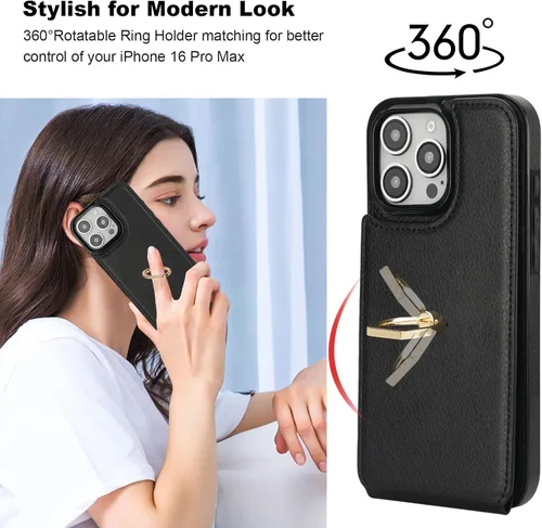 Vista 3 de Folosu Funda compatible con iPhone 16 Pro Max con soporte para tarjetas, rotación de 360°, soporte de anillo de dedo con función atril, bloqueo Negro