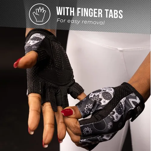 Vista 7 de Contraband Pink Label 5237 – Guantes de levantamiento de pesas con calavera, para mujer, Serie Design (1 par), Gris, M