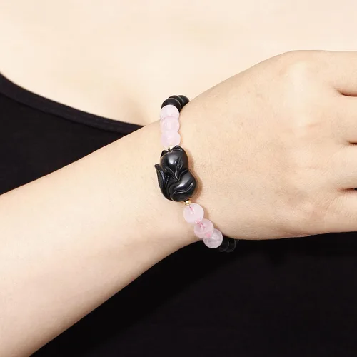 Vista 3 de Pulsera de cuarzo rosa con obsidiana negra y zorro para mujer, cristales curados y piedras preciosas Reiki, pulsera de buena suerte, Piedra, Cuarzo
