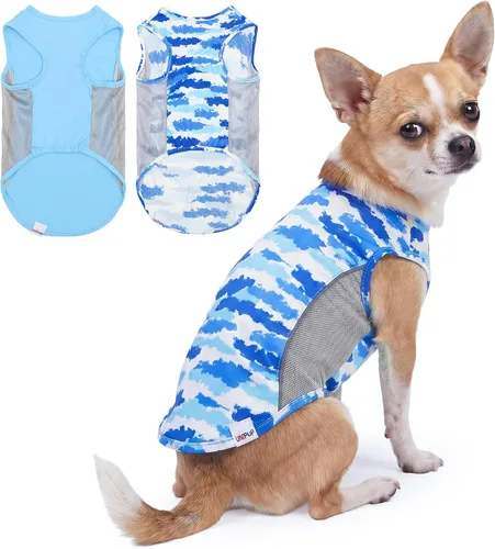Vista 10 de Camiseta para perro con protección solar UPF 50+, paquete de 2 chalecos ligeros sin mangas para perros pequeños y niñas, tiras reflectantes, ropa