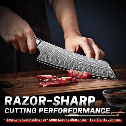 Vista 5 de TIJERAS Cuchillo de chef japonés, cuchillo de cocina Santoku de Damasco, 7 pulgadas, Damasco de 67 capas, cuchillos de chef profesionales afilados