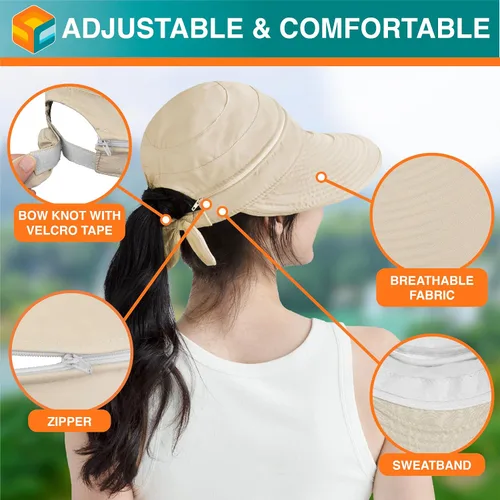Vista 5 de SUN CUBE Sombrero de sol para mujer para protección UV al aire libre, sombrero de sol de ala ancha, cola de caballo, sombrero de playa convertible