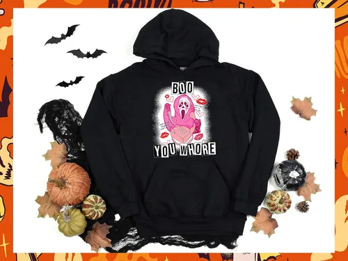 Vista 3 de HONHUY GOODS Boo You Whore Divertido disfraz de Halloween Ghos.t.Face, camiseta con capucha, manga larga, sudadera, camisetas sin mangas, Opción, S