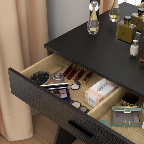 Vista 8 de Panana Escritorio de tocador con espejo y luces, negro, tamaño mediano, soporte de mesa, mesa de tocador de maquillaje con taburete, dormitorio
