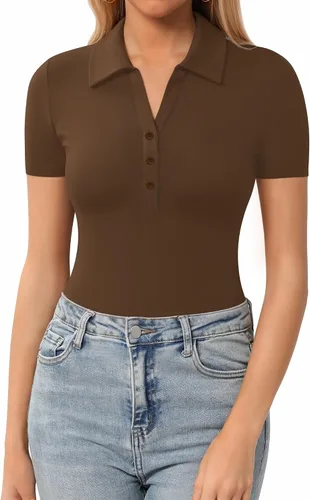 Vista 8 de HERLOLLYCHIPS Womens Short Sleeve Tops V Neck Button Down Collared Fitted Shirts