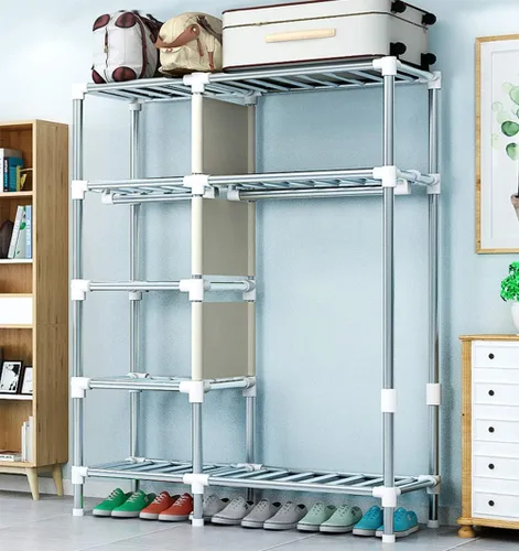 Vista 2 de Armario portátil para ropa, armario de tubería de acero impermeable, almacenamiento extra fuerte y duradero con estante para colgar, armario