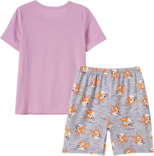 Vista 2 de Conjunto de pijama lindo de verano para niñas grandes, ropa de dormir estampada en forma de corazones a