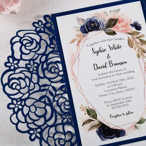 Vista 5 de Juego de 50 invitaciones de boda en blanco azul marino de 4.7 x 7 pulgadas, cortadas con láser, tarjetas de invitación de boda con sobres para boda