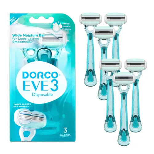 Vista 14 de Dorco EVE 3 maquinillas de afeitar: afeitado extra suave con 1 mango y 2 recambios de cuchilla, 3 cuchillas curvas, barra de humedad flexible