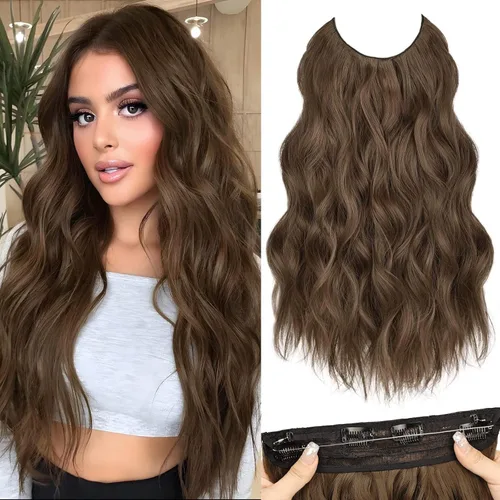 Vista 13 de Extensiones de Cabello con Alambre Invisible - Extensiones de Cabello Halo de 14 Pulgadas Largas Onduladas Postizo Sintético con Alambre