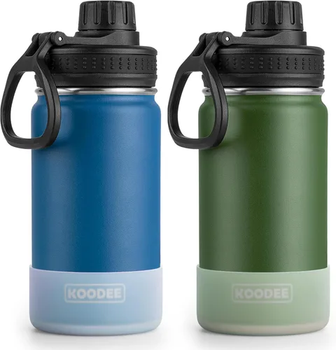 Vista 15 de Koodee Paquete de 2 botellas de agua, de 12 onzas, acero inoxidable, con aislamiento al vacío, con tapa de boquilla a prueba de fugas, color verde