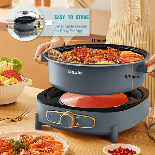 Vista 8 de Dezin Olla eléctrica Shabu Shabu con olla extraíble, olla caliente antiadherente de 5 L con control de potencia múltiple, olla eléctrica de 3.7 A