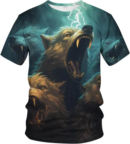 Vista 2 de Srcnhim Camiseta de animal con estampado 3D para hombre, camiseta de cuello redondo de lobo clásico casual