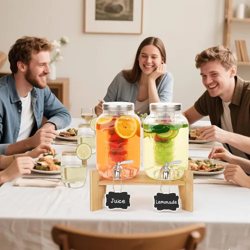 Vista 6 de Juego de 2 dispensadores de bebidas de vidrio para fiestas, dispensadores de bebidas de hielo de 1 galón con soporte, dispensador de jugo