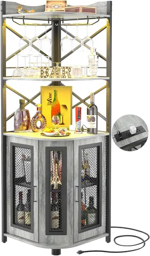 Vista 8 de Aheaplus Gabinete Bar de Esquina con Toma de Corriente, Gabinete de Vino Industrial con Tira LED y Portavasos, Gabinetes de Licores de 5 Niveles