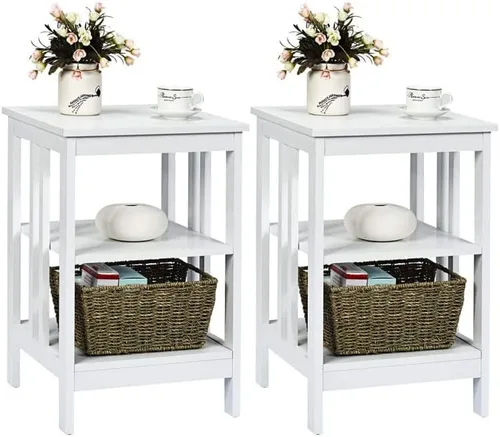 Vista 10 de Mesa auxiliar con estante de almacenamiento de 3 niveles para sala de estar, dormitorio, marco de madera estable, fácil montaje (negro, 1 unidad)