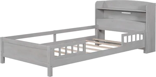 Vista 8 de Bellemave Base de cama individual con cabecera de almacenamiento y rieles para vallas, camas de plataforma baja de madera con luz LED y soporte