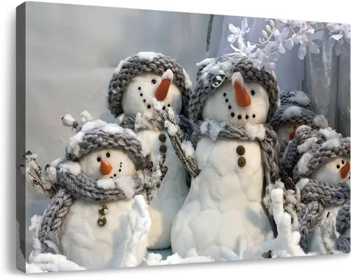 Vista 16 de gaosoul Lienzo de muñeco de nieve navideño para pared, lindo muñeco de nieve en pintura de paisaje nevado, póster navideño para sala de estar