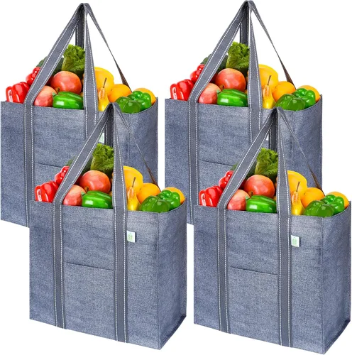 Vista 13 de VENO Paquete de 4 bolsas de comestibles reutilizables de Navidad, bolsas de compras resistentes con asas, para carrito de compras con parte inferior
