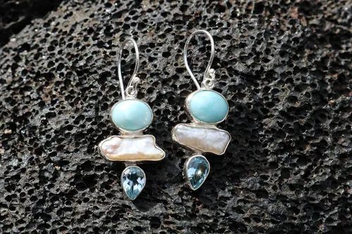 Vista 6 de Pendientes Larimar Pearl Blue Topacio. Plata de Ley.