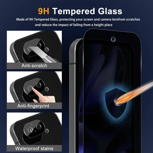 Vista 4 de Protector de pantalla de privacidad para Google Pixel 9A 5G, película protectora de vidrio templado de dureza 9H [paquete de 2+2] protector de lente