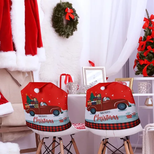 Vista 7 de 6 fundas para sillas de Navidad, con sombrero de Papá Noel, color rojo, fundas para el respaldo de las sillas, decoración para el hogar, cena