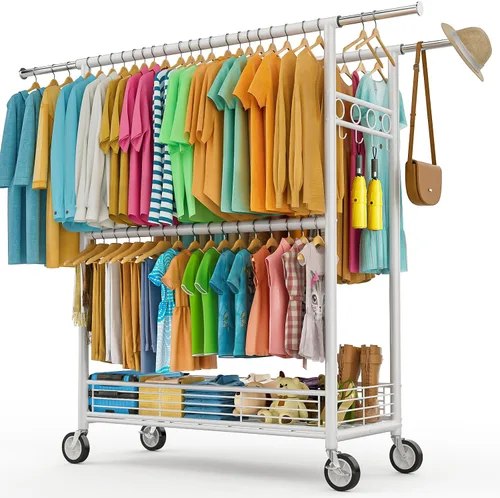 Vista 12 de Perchero de ropa resistente con carga de 860 libras, estantes de ropa rodantes de doble barra para colgar ropa, estante de ropa rodante con estantes