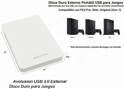 Vista 4 de Avolusion Z1-S - Disco duro externo portátil para juegos USB 3.0 de 500 GB, color blanco (para PS4, preformateado)