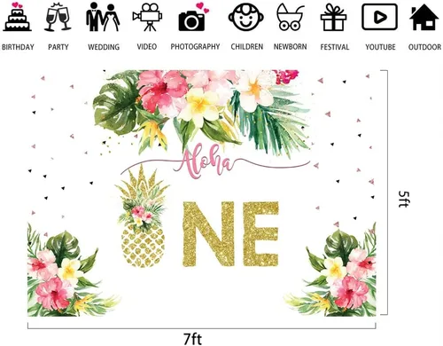 Vista 7 de Lofaris Fondo de fiesta de verano con diseño floral tropical hawaiano de piña, piña, decoración de fiesta de cumpleaños para niños, 7 x 5 pies