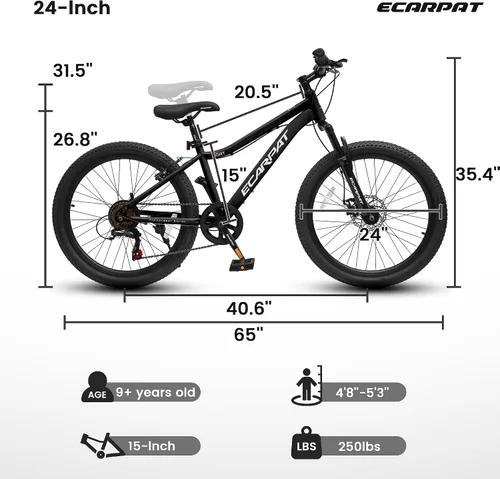 Vista 9 de Ecarpat Bicicleta de montaña para niños de 20/24 pulgadas, bicicleta de montaña de 7 velocidades con suspensión delantera, freno de disco delantero