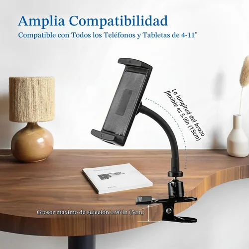 Vista 3 de ROCKFREE Soporte para tablet con clip con brazo de cuello de cisne resistente, soporte de abrazadera de iPad ajustable de 360° para escritorio