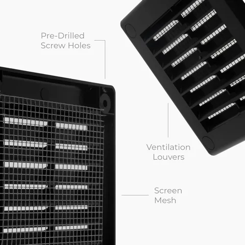 Vista 6 de Paquete de 2 cubiertas cuadradas de ventilación de aire de 4" x 4" (tamaño exterior) - Deflector de ventilación de plástico negro - Malla
