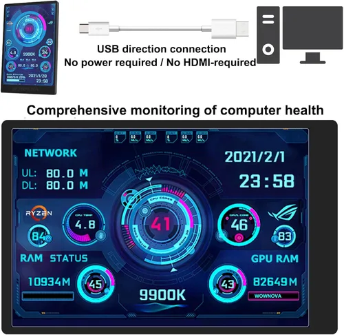 Vista 2 de WOWNOVA Monitor de temperatura de computadora versión en inglés, pantalla ARGB para PC, Mini pantalla IPS USB, monitor de datos HDD CPU RAM