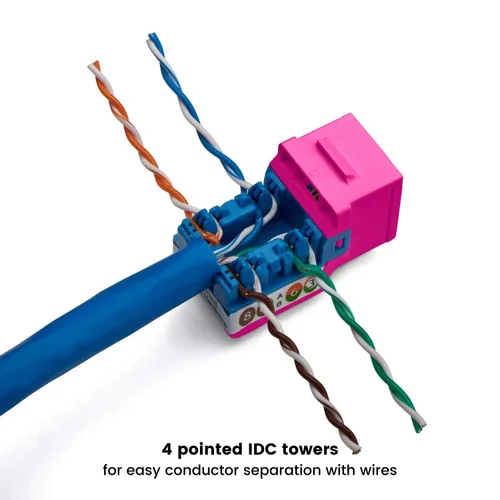 Vista 45 de TRUE CABLE Conector Keystone Cat5e, sin blindaje (UTP), perforado de 90 grados, PoE++ (4PPoE) 100W, certificación UL, verificado ETL, certificado