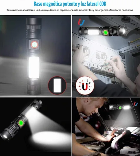 Vista 3 de Hoxida Linterna recargable LED (batería incluida), linterna LED magnética con luz lateral COB, 1200 lúmenes, LED súper brillante, impermeable