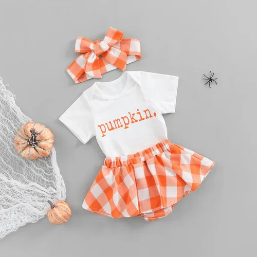 Vista 4 de Conjunto de ropa de Halloween para bebé niña de manga corta con falda y diadema para Halloween