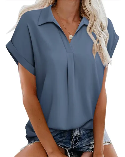 Vista 2 de Messic Womens Short Sleeve Blouses Collared V Neck Shirts Chiffon Summer Business Casual Tops