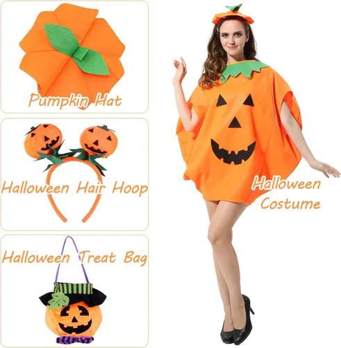 Vista 2 de FEPITO Disfraz unisex de calabaza de Halloween para adultos, 4 piezas, disfraces divertidos de Halloween, calabaza naranja, cosplay, ropa de fiesta