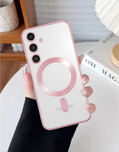 Vista 14 de Funda magnética para Samsung Galaxy S23, borde galvanizado, parte trasera transparente, funda protectora delgada con protección de cámara, Rosa