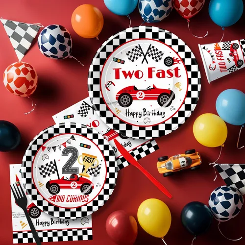 Vista 7 de Decoración de fiesta de cumpleaños de 2º cumpleaños de coche de carreras, vajilla para niños, decoración de cumpleaños de dos curiosos y dos